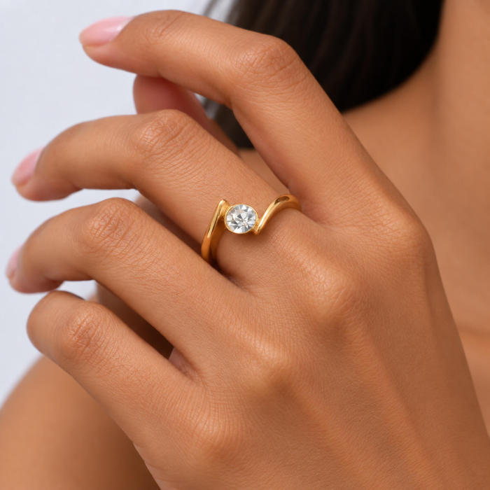Wholesale Stainless Steel Gold Solitaire CZ Bypass Ring