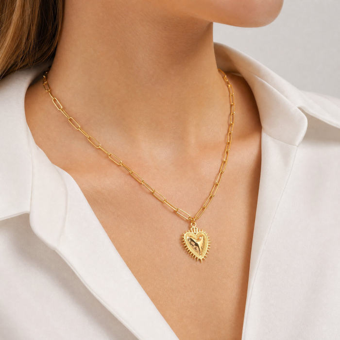 Wholesale Stainless Steel Gold Radiating Heart Necklace
