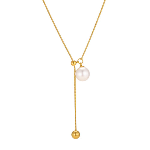 Wholesale Stainless Steel Faux Pearl and Ball Y Necklace