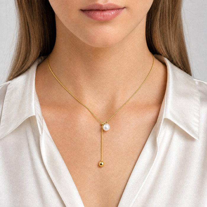 Wholesale Stainless Steel Faux Pearl and Ball Y Necklace