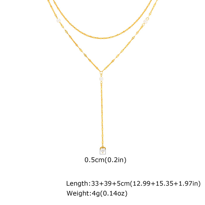 Wholesale Stainless Steel Pearl and CZ Heart Layered Y Necklace