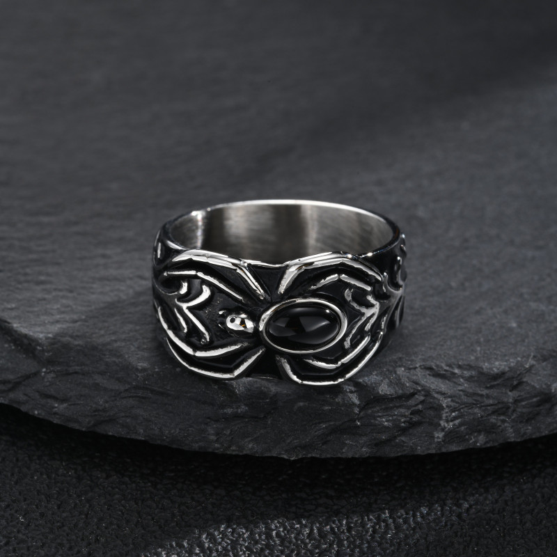 Wholesale Stainless Steel Wing and Black Onyx Spider Rings