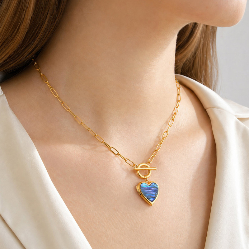 Wholesale Stainless Steel Abalone Shell Heart Locket Necklace