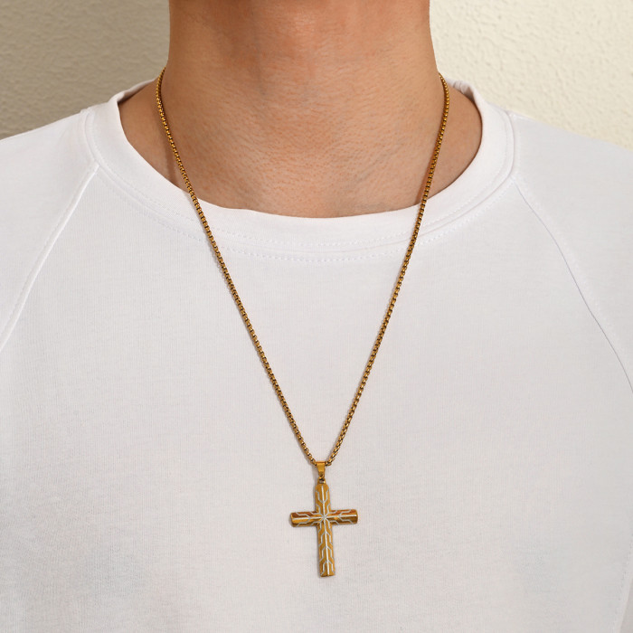 Wholesale Stainless Steel Cross Necklace with Geometric Line Pattern