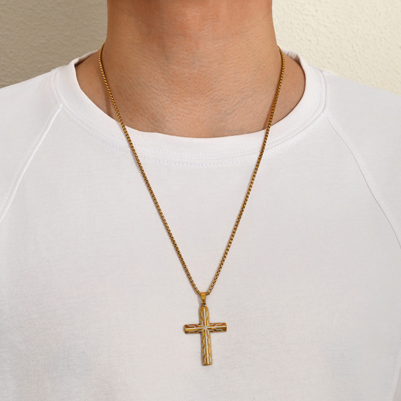 Wholesale Stainless Steel Cross Necklace with Geometric Line Pattern