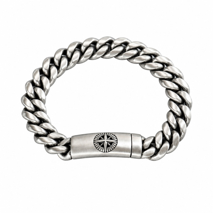 Wholesale Men's Antiqued Stainless Steel Curb Chain Bracelet with Compass Star Design