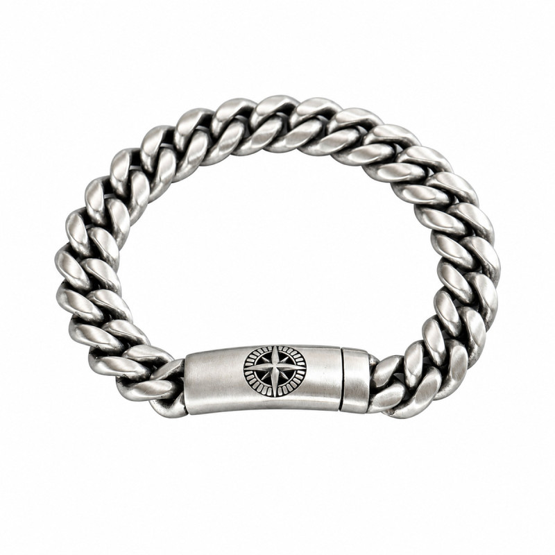 Wholesale Men's Antiqued Stainless Steel Curb Chain Bracelet with Compass Star Design