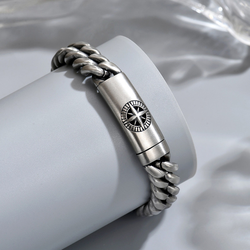 Wholesale Men's Antiqued Stainless Steel Curb Chain Bracelet with Compass Star Design