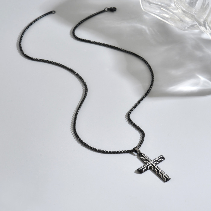 Wholesale Stainless Steel Cross Necklace with Geometric Line Pattern