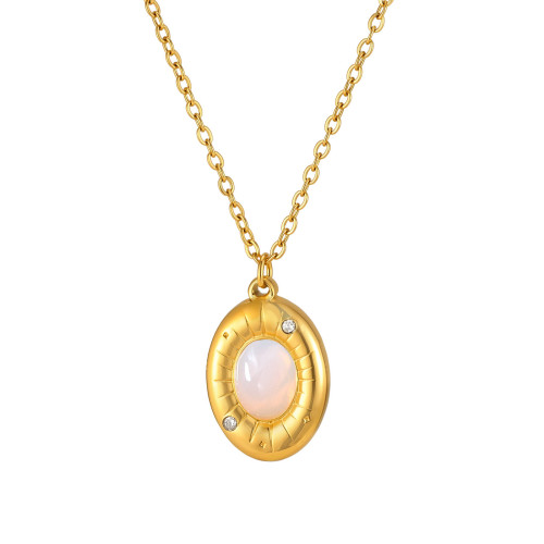 Wholesale Stainless Steel Opal and CZ Oval Pendant Necklace