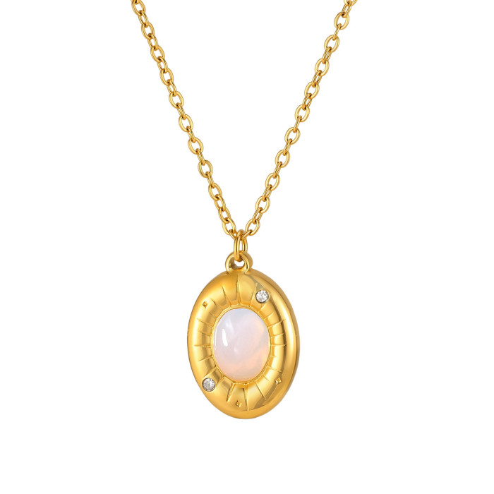 Wholesale Stainless Steel Opal and CZ Oval Pendant Necklace