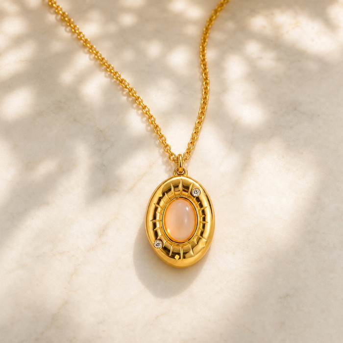 Wholesale Stainless Steel Opal and CZ Oval Pendant Necklace