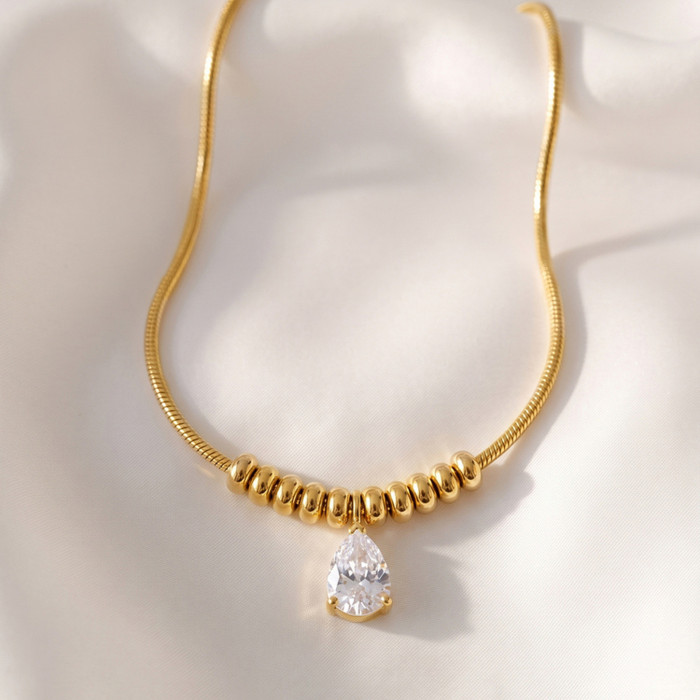 Wholesale Stainless Steel Teardrop CZ Necklace with PVD Gold Plating