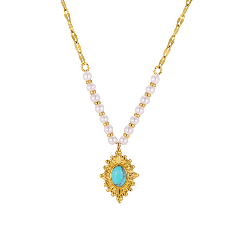 Wholesale Stainless Steel Turquoise and Pearl Pendant Necklace