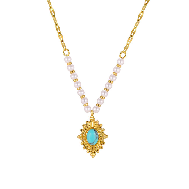 Wholesale Stainless Steel Turquoise and Pearl Pendant Necklace