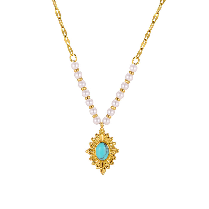 Wholesale Stainless Steel Turquoise and Pearl Pendant Necklace