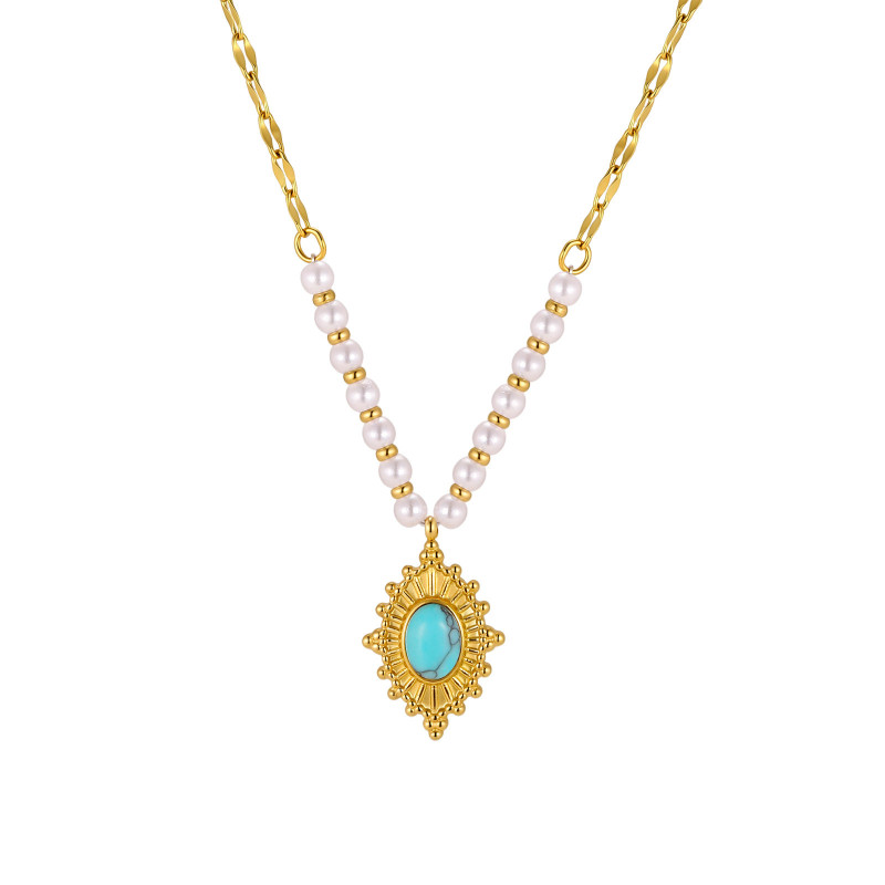 Wholesale Stainless Steel Turquoise and Pearl Pendant Necklace