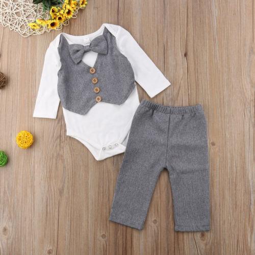 Kids Baby Boy Gentleman Bow Tie Shirt Tops Romper and Pants Party Formal Set Clothes