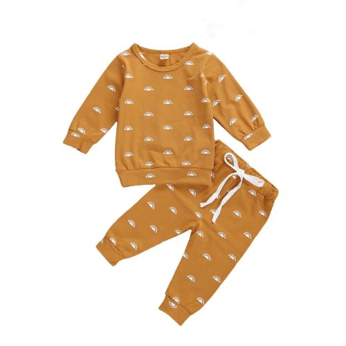 Infant Baby Boys Shirt Jogger Pants Suit Sun Printed Round Neck Long Sleeve Lace-up Trousers