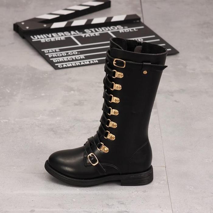Kids Shoes Martin Boots Girls Cool Fashion Metal Button Knee-high Boots