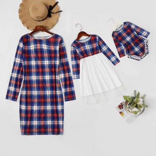 Mommy and Me Plaid Stitching Mesh Long-sleeve Dresses Family Look Matching Dresses