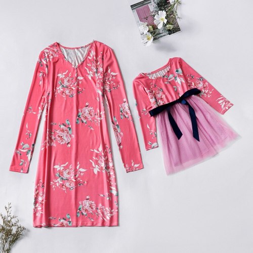 Family look floral print mother daughter matching dresses long sleeve dress outfits