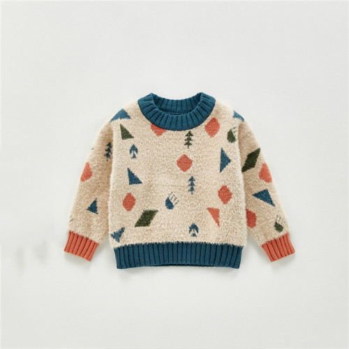 Baby Boys Knitted Crew Neck Sweater Cartoon Geometric Pattern Imitation Mink Long Sleeve Pullover