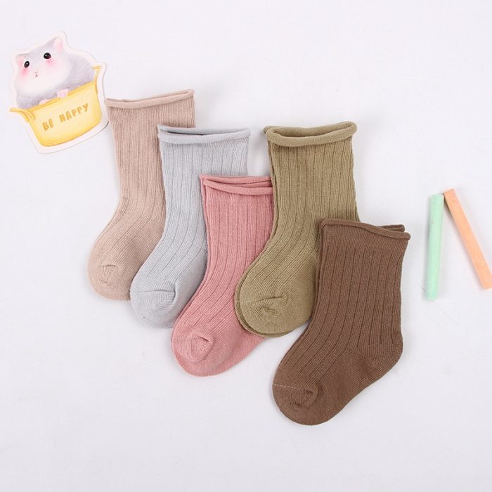 5pairs/lot Baby Toddler Cotton Socks Kids Solid Color Short Ribbed Socks