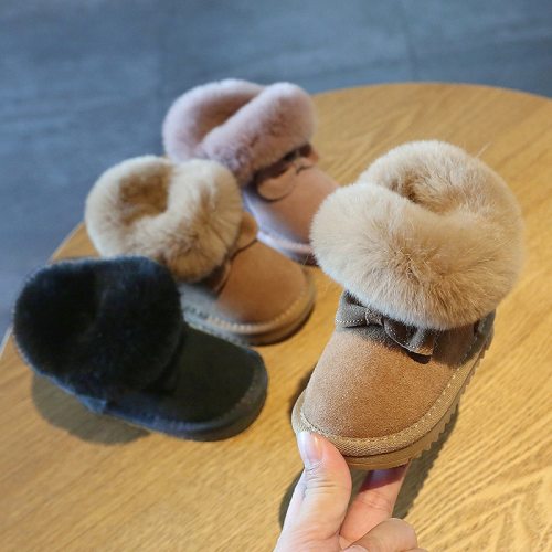 Turned-over Warm Plush Baby Snow Boots Genuine Leather Cute Butterfly Winter Shoes