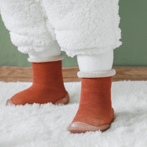 Children antisilp sock shoes solid color Imitation cashmere baby toddler floor shoes non-slip warm rubber soles booties