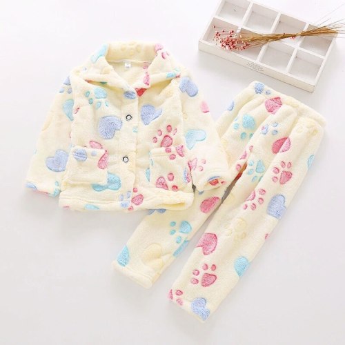 Soft Flannel Children Pajamas Cute Printing Baby Girl Clothes Set Plus Velvet Warm Suit