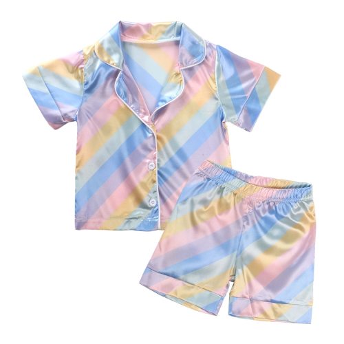 Kids Children Satin Sleepwear Baby Pajamas Sets Colorful Striped Cotton Nightwear Clothes