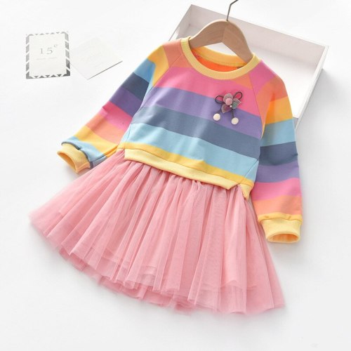 Girls Dresses Long Sleeve Striped Colorful Color Rainbow Princess Fluffy Party Dress