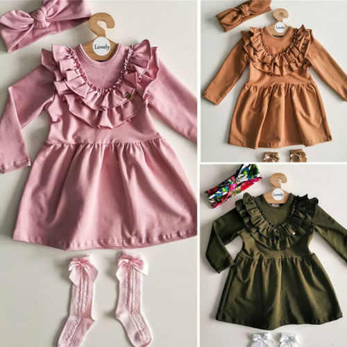 Toddler Kids Baby Girls Dress Ruffles Long Sleeve Solid Party Casual Dress Headband Clothes Outfits