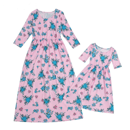 Mother daughter Dresses Family Looks Mommy and me Fashion Floral Print Half Sleeve Clothing