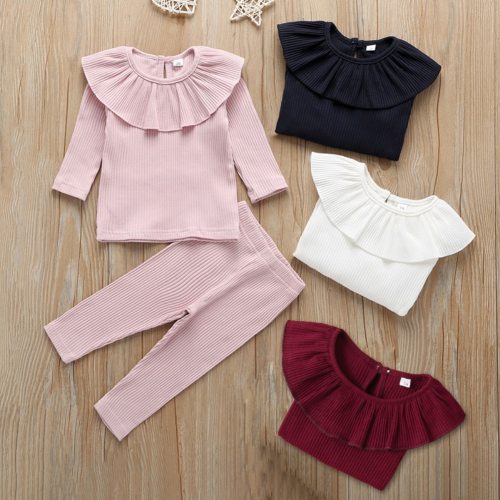 Baby Clothes Girl Ruffle Knitted Tops Girls Long Sleeve Solid T-Shirt Toddler Leggings Kid Pants Kids Outfits 2pcs Set