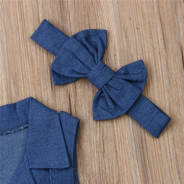 Toddler Kids Baby Girls 2PCS lovely Outfits clothes Denim  bow solid Headband Button Bandage sleeveless turn-down collar Romper