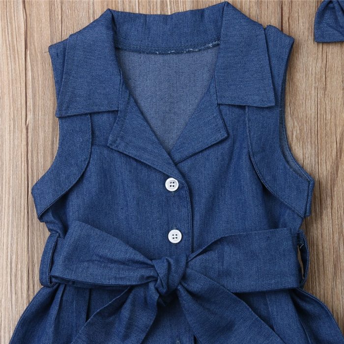 Toddler Kids Baby Girls 2PCS lovely Outfits clothes Denim  bow solid Headband Button Bandage sleeveless turn-down collar Romper