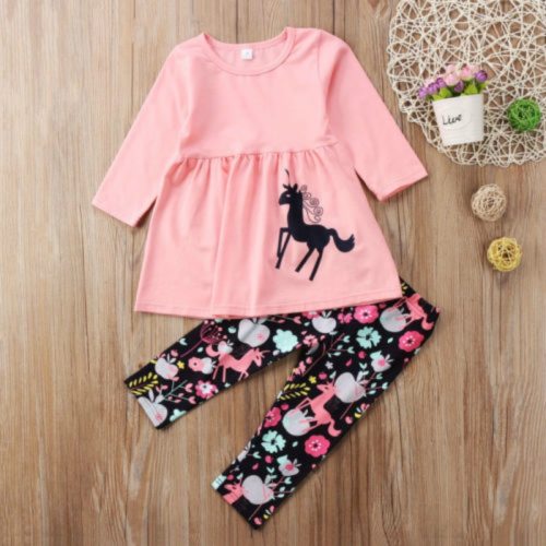 New cute Toddler kids Girl set clothes Unicorn long sleeve Tops+ floral Pants Outfits 2pcs set Clothes Set