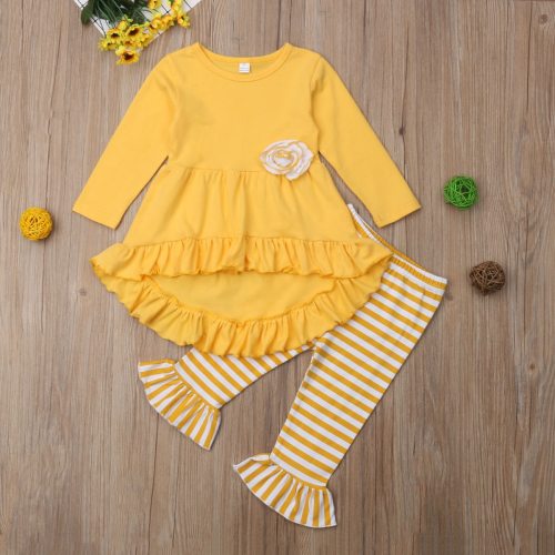 Kid Causal Costume Clothes Girls Yellow Ruffle T Shirt Dress Girl Striped Long Pants Kids Outfits Children Clothes Set
