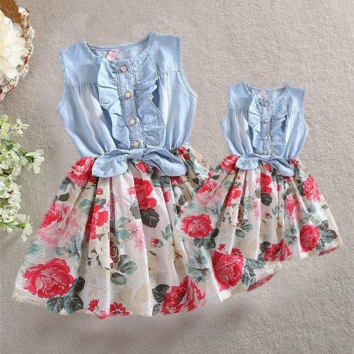 Mother and Daughter Dresses Family Matching Clothes Ruffles Sleeveless Floral Dress Elegant Flower Outfit