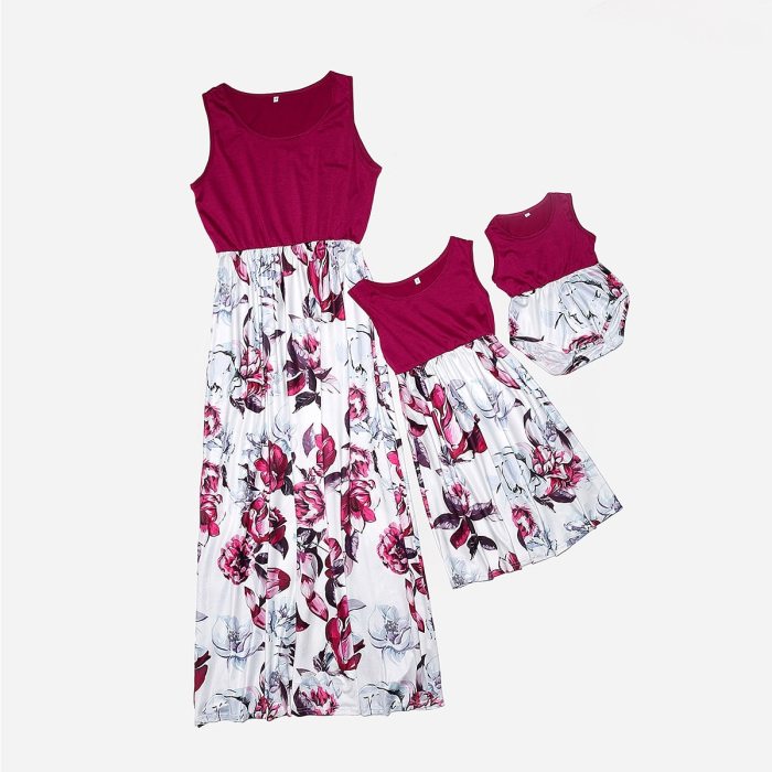 Sleeveless Family Look Mommy and Me clothes Floral Print High Waist Matching Dress Outfits
