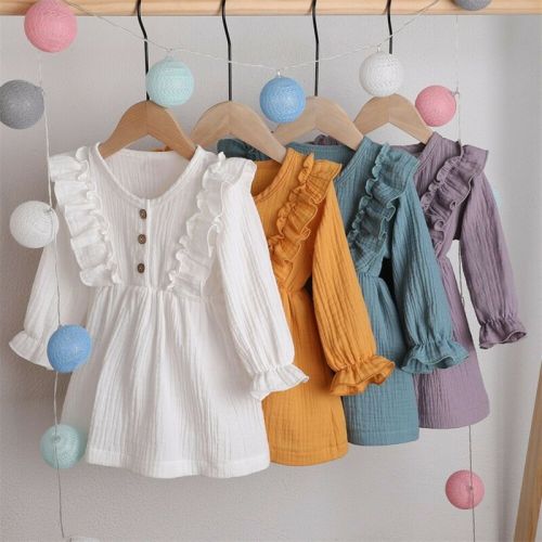 Baby Girl Autumn Dress Ruffles Long Sleeve Solid Cotton Linen Party Casual Dress Clothes