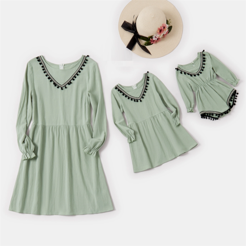 Mom and daughter dress Green V-neck Tassels Decor Dress Baby Romper Mommy and me clothes Family Look