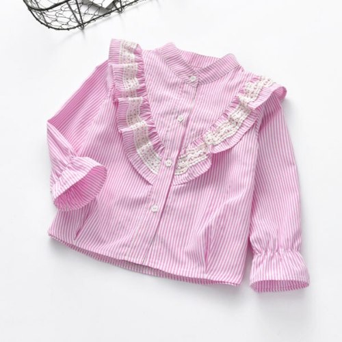 Girl's striped long-sleeved shirt with flared sleeves and spring blouse