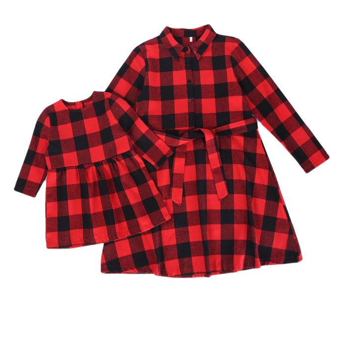 Long Sleeve Christmas Plaid Family Matching Dress Outfits Mommy And Me Winter Dresses