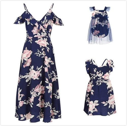 Mommy and Me Family Matching Sleeveless Flower Print Dress Mother Daughter Loose Boho Beach Dresses