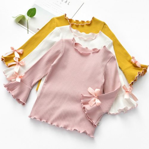Girls Undershirt Long-sleeved T-shirt Solid Color Cotton Spring and Autumn White T-shirt