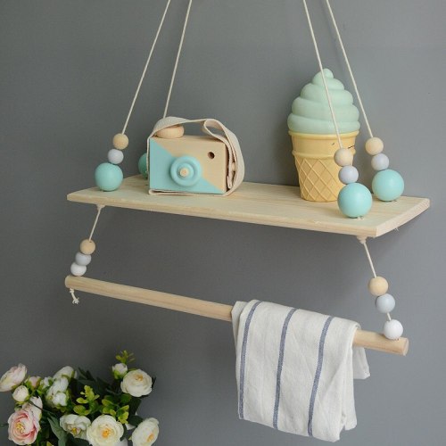Nordic Wooden Shelf Storage Rack Holder with Bead Tassel Baby Kids Bedroom Wall Hanging Home Decor