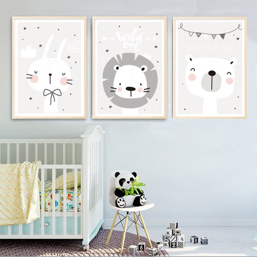 3 Piece Nordic Wall Decor Baby Animal Poster Wall Pictures for Kids Rooms Cartoon Canvas Painting